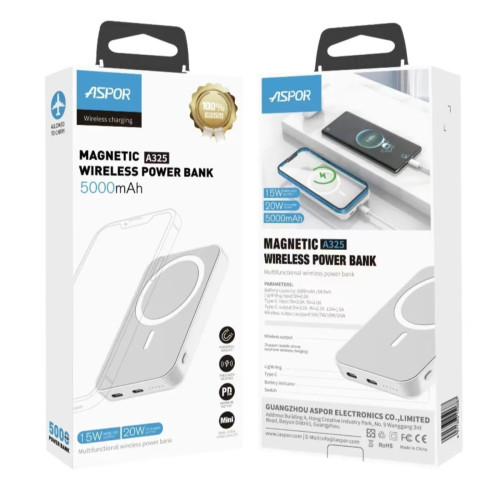 Power Bank Aspor A325 MagSafe Battery Pack 5000mAh (Type-C/Lightning/20W)- білий(900142)